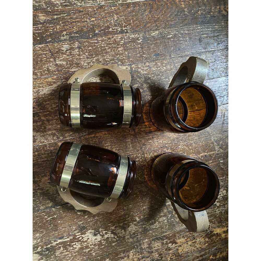 Vintage Siesta Ware Mug 12oz Set Of 4 Amber Glass Wood Handle Collectible MCM